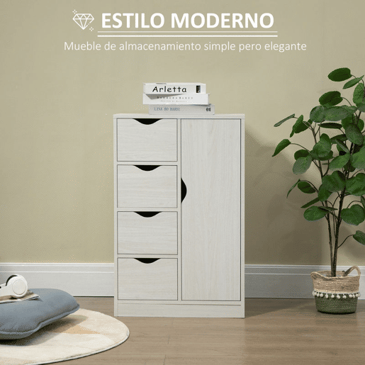 HOMCOM Armário de Sala de Estar Aparador Auxiliar com 4 Gavetas 1 Armário e Prateleira Inferior Móvel de Armazenamento Múltiuso para Dormitórios Sala de Jantar 54x29x83cm Branco