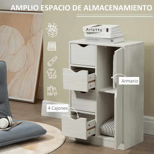 HOMCOM Armário de Sala de Estar Aparador Auxiliar com 4 Gavetas 1 Armário e Prateleira Inferior Móvel de Armazenamento Múltiuso para Dormitórios Sala de Jantar 54x29x83cm Branco