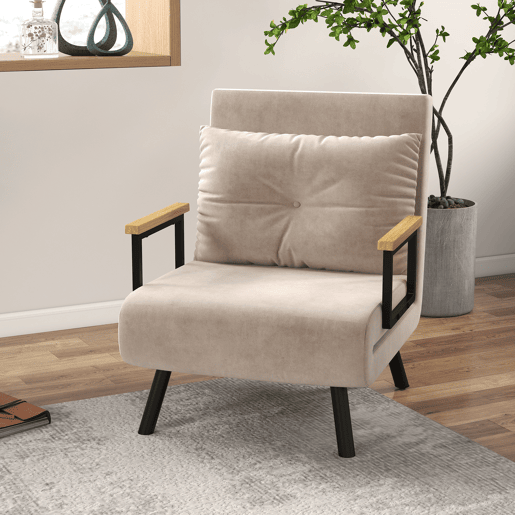 HOMCOM Poltrona Convertível em Cama Dobrável Poltrona 3 em 1 Convertível em Cama com Encosto Ajustável em 5 Níveis e Almofada Acolchoada para Escritório Sala de Estar Carga 120 kg 63x73x81 cm Bege