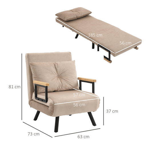HOMCOM Poltrona Convertível em Cama Dobrável Poltrona 3 em 1 Convertível em Cama com Encosto Ajustável em 5 Níveis e Almofada Acolchoada para Escritório Sala de Estar Carga 120 kg 63x73x81 cm Bege