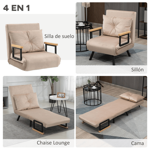 HOMCOM Poltrona Convertível em Cama Dobrável Poltrona 3 em 1 Convertível em Cama com Encosto Ajustável em 5 Níveis e Almofada Acolchoada para Escritório Sala de Estar Carga 120 kg 63x73x81 cm Bege