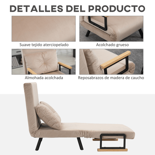 HOMCOM Poltrona Convertível em Cama Dobrável Poltrona 3 em 1 Convertível em Cama com Encosto Ajustável em 5 Níveis e Almofada Acolchoada para Escritório Sala de Estar Carga 120 kg 63x73x81 cm Bege