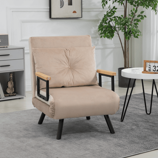 HOMCOM Poltrona Convertível em Cama Dobrável Poltrona 3 em 1 Convertível em Cama com Encosto Ajustável em 5 Níveis e Almofada Acolchoada para Escritório Sala de Estar Carga 120 kg 63x73x81 cm Bege