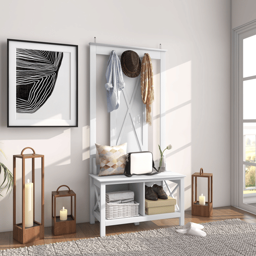 HOMCOM Móvel Cabide de Entrada de Madeira Móvel de Entrada com Banco 2 Prateleiras e 3 Ganchos para Pendurar Roupa Bolsas para Corredor Entrada 80,5x40x168 cm Branco