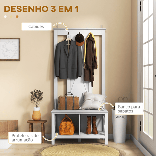 HOMCOM Móvel Cabide de Entrada de Madeira Móvel de Entrada com Banco 2 Prateleiras e 3 Ganchos para Pendurar Roupa Bolsas para Corredor Entrada 80,5x40x168 cm Branco