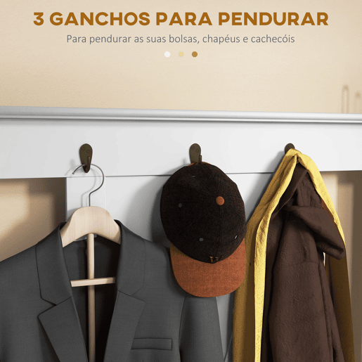 HOMCOM Móvel Cabide de Entrada de Madeira Móvel de Entrada com Banco 2 Prateleiras e 3 Ganchos para Pendurar Roupa Bolsas para Corredor Entrada 80,5x40x168 cm Branco