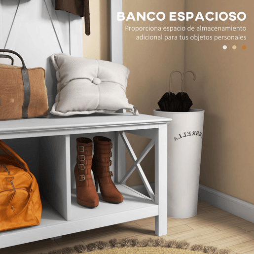 HOMCOM Móvel Cabide de Entrada de Madeira Móvel de Entrada com Banco 2 Prateleiras e 3 Ganchos para Pendurar Roupa Bolsas para Corredor Entrada 80,5x40x168 cm Branco
