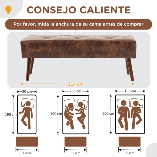 HOMCOM Banco de Pé de Cama Multifuncional Banco Pé de Cama Clássico Banco Dormitório com Pés de Madeira e Assento Acolchoado Carga 120 kg para Entrada Corredor 114x38x42 cm Marrom