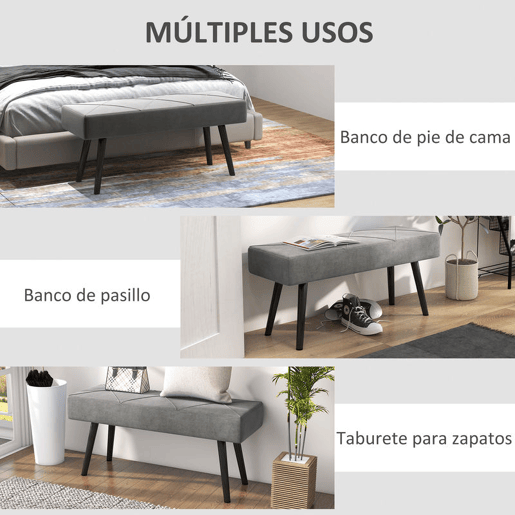 HOMCOM Banco de Pé de Cama Multifuncional Banco de Pé de Cama Moderno Banco de Dormitório com Pés de Aço e Assento Acolchoado Carga Máxima 120 kg Entrada Corredor 100x36x45 cm Cinza