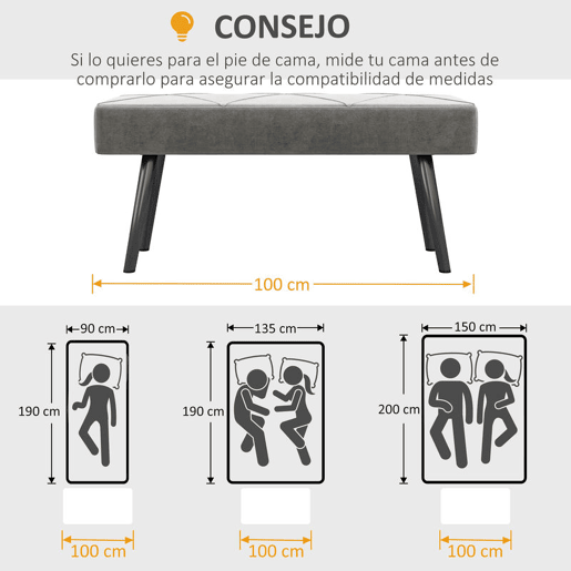 HOMCOM Banco de Pé de Cama Multifuncional Banco de Pé de Cama Moderno Banco de Dormitório com Pés de Aço e Assento Acolchoado Carga Máxima 120 kg Entrada Corredor 100x36x45 cm Cinza