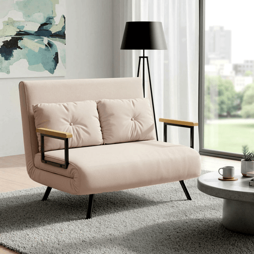 HOMCOM Sofá Cama Convertível em Cama de 2 Lugares Dobrável com Encosto Ajustável em 5 Níveis e 2 Almofadas Acolchoadas 102x73x81 cm Bege Claro