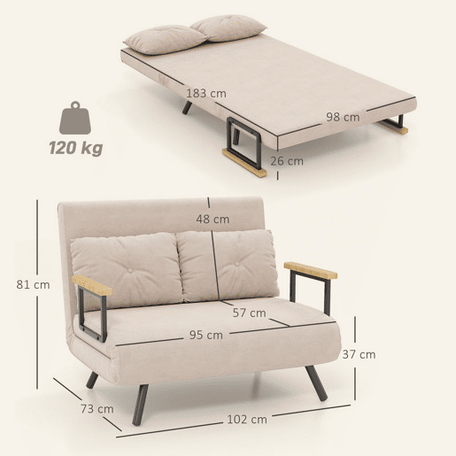 HOMCOM Sofá Cama Convertível em Cama de 2 Lugares Dobrável com Encosto Ajustável em 5 Níveis e 2 Almofadas Acolchoadas 102x73x81 cm Bege Claro