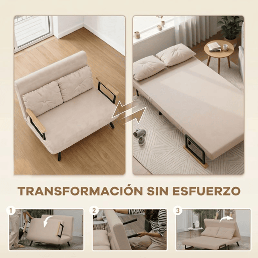 HOMCOM Sofá Cama Convertível em Cama de 2 Lugares Dobrável com Encosto Ajustável em 5 Níveis e 2 Almofadas Acolchoadas 102x73x81 cm Bege Claro