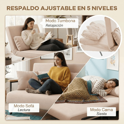 HOMCOM Sofá Cama Convertível em Cama de 2 Lugares Dobrável com Encosto Ajustável em 5 Níveis e 2 Almofadas Acolchoadas 102x73x81 cm Bege Claro