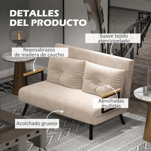 HOMCOM Sofá Cama Convertível em Cama de 2 Lugares Dobrável com Encosto Ajustável em 5 Níveis e 2 Almofadas Acolchoadas 102x73x81 cm Bege Claro