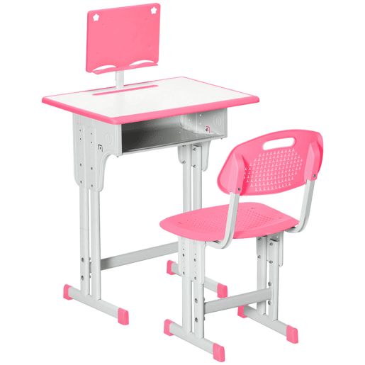 HOMCOM Conjunto de Secretária e Cadeira para Crianças de 6-12 Anos Secretária Infantil com Altura Ajustável 1 Gaveta 1 Suporte para Lápis e 1 Prateleira para Livros 60x45x90-120 cm Rosa