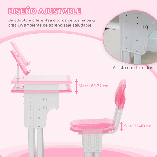 HOMCOM Conjunto de Secretária e Cadeira para Crianças de 6-12 Anos Secretária Infantil com Altura Ajustável 1 Gaveta 1 Suporte para Lápis e 1 Prateleira para Livros 60x45x90-120 cm Rosa