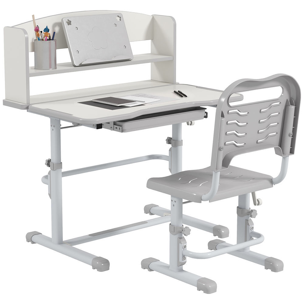 Zonekiz juego de escritorio y silla para niños de 6-12 años pupitre infantil altura ajustable con 1 cajón 1 estante para libros y ángulo de mesa ajustable 80x54,5x82-104 cm gris y blanco