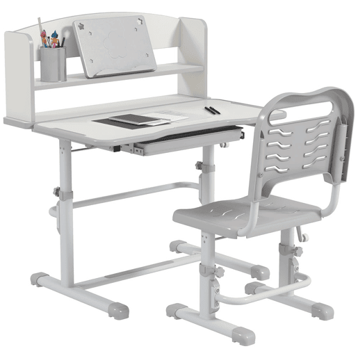 ZONEKIZ Conjunto de Secretária e Cadeira para Crianças de 6-12 Anos Secretária para Crianças com Altura Ajustável com 1 Gaveta 1 Prateleira para Livros e Ângulo da Mesa Ajustável 80x54,5x82-104 cm Cinza e Branco