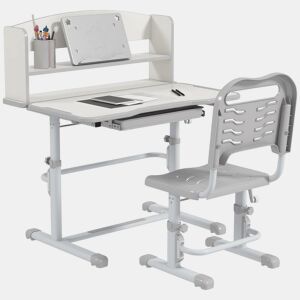 ZONEKIZ Conjunto de Secretária e Cadeira para Crianças de 6-12 Anos Secretária para Crianças com Altura Ajustável com 1 Gaveta 1 Prateleira para Livros e Ângulo da Mesa Ajustável 80x54,5x82-104 cm Cinza e Branco