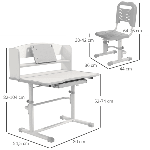 ZONEKIZ Conjunto de Secretária e Cadeira para Crianças de 6-12 Anos Secretária para Crianças com Altura Ajustável com 1 Gaveta 1 Prateleira para Livros e Ângulo da Mesa Ajustável 80x54,5x82-104 cm Cinza e Branco