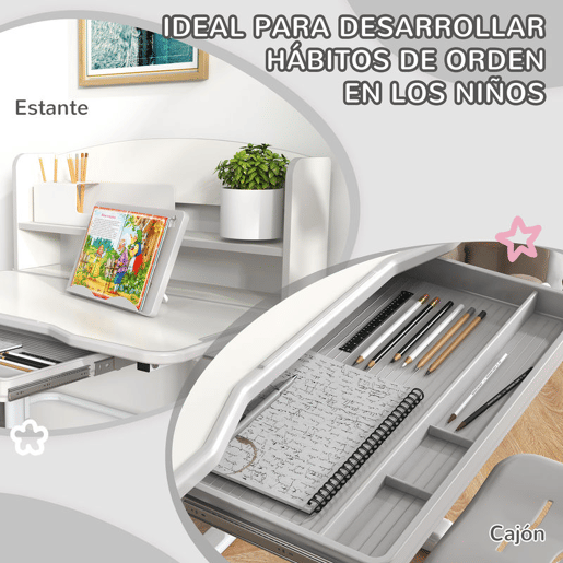ZONEKIZ Conjunto de Secretária e Cadeira para Crianças de 6-12 Anos Secretária para Crianças com Altura Ajustável com 1 Gaveta 1 Prateleira para Livros e Ângulo da Mesa Ajustável 80x54,5x82-104 cm Cinza e Branco