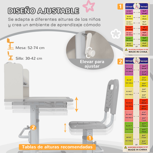 ZONEKIZ Conjunto de Secretária e Cadeira para Crianças de 6-12 Anos Secretária para Crianças com Altura Ajustável com 1 Gaveta 1 Prateleira para Livros e Ângulo da Mesa Ajustável 80x54,5x82-104 cm Cinza e Branco