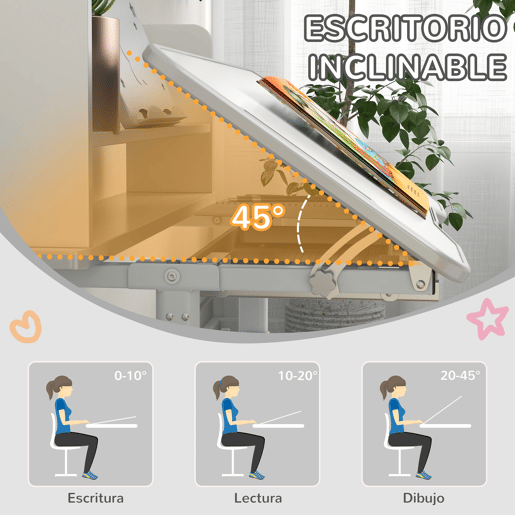 ZONEKIZ Conjunto de Secretária e Cadeira para Crianças de 6-12 Anos Secretária para Crianças com Altura Ajustável com 1 Gaveta 1 Prateleira para Livros e Ângulo da Mesa Ajustável 80x54,5x82-104 cm Cinza e Branco