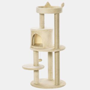 PawHut Árvore Arranhador para Gatos de 104 cm Arranhador para Gatos com Plataforma Caverna Postes de Sisal e Bola Suspensa 48x48x104 cm Bege