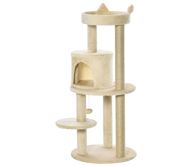Pawhut árbol rascador para gatos de 104 cm rascador para gatos con plataformas refugio postes de sisal y bola colgante 48x48x104 cm crema