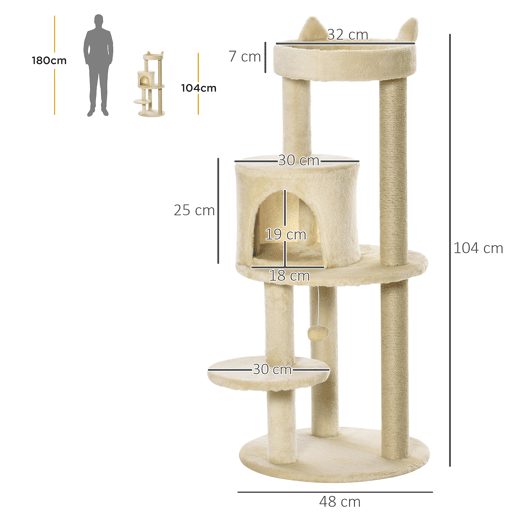 PawHut Árvore Arranhador para Gatos de 104 cm Arranhador para Gatos com Plataforma Caverna Postes de Sisal e Bola Suspensa 48x48x104 cm Bege