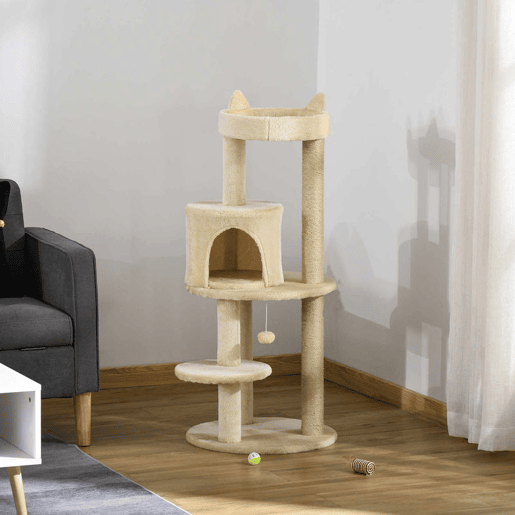 PawHut Árvore Arranhador para Gatos de 104 cm Arranhador para Gatos com Plataforma Caverna Postes de Sisal e Bola Suspensa 48x48x104 cm Bege