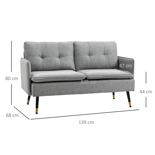 HOMCOM Sofá de 2 Lugares Sofá Moderno Estofado em Poliéster com 4 Almofadas Apoio para os Braços e Pés de Aço para Sala de Estar Escritório Carga Máxima 240 kg 139x68x80 cm Cinza