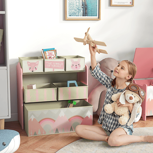 ZONEKIZ Estante para Brinquedos com 6 Caixas de Tecido não Tecido Amovíveis Organizador de Brinquedos para Crianças de 3-8 Anos para Dormitório 63x30x66 cm Rosa
