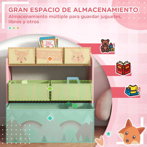 ZONEKIZ Estante para Brinquedos com 6 Caixas de Tecido não Tecido Amovíveis Organizador de Brinquedos para Crianças de 3-8 Anos para Dormitório 63x30x66 cm Rosa
