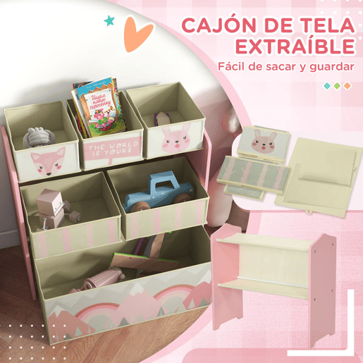 ZONEKIZ Estante para Brinquedos com 6 Caixas de Tecido não Tecido Amovíveis Organizador de Brinquedos para Crianças de 3-8 Anos para Dormitório 63x30x66 cm Rosa