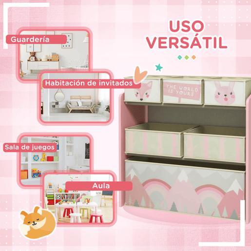 ZONEKIZ Estante para Brinquedos com 6 Caixas de Tecido não Tecido Amovíveis Organizador de Brinquedos para Crianças de 3-8 Anos para Dormitório 63x30x66 cm Rosa
