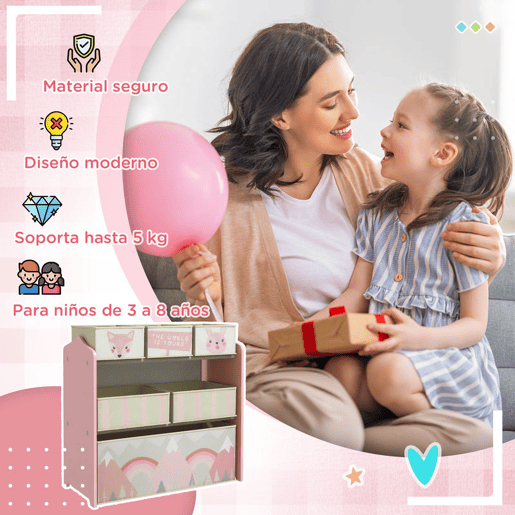 ZONEKIZ Estante para Brinquedos com 6 Caixas de Tecido não Tecido Amovíveis Organizador de Brinquedos para Crianças de 3-8 Anos para Dormitório 63x30x66 cm Rosa