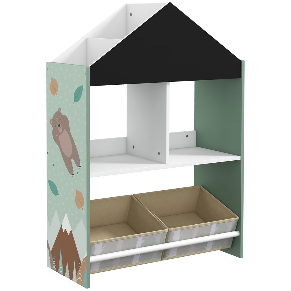 Zonekiz estantería para juguetes organizador infantil con pizarra pintable estantes abiertos y 2 cajas de tela no tejida extraíbles para sala de juegos habitación guardería 62,4x26,5x90 cm verde