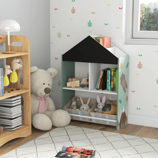 ZONEKIZ Estante para Brinquedos Organizador Infantil com Prateleiras Abertas e 2 Caixas de Tecido não Tecido Amovíveis para Sala de Jogos Dormitório Escola Infantil 62,4x26,5x90 cm Verde