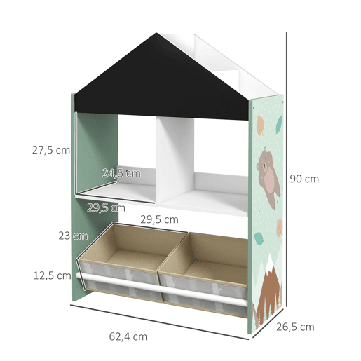 ZONEKIZ Estante para Brinquedos Organizador Infantil com Prateleiras Abertas e 2 Caixas de Tecido não Tecido Amovíveis para Sala de Jogos Dormitório Escola Infantil 62,4x26,5x90 cm Verde