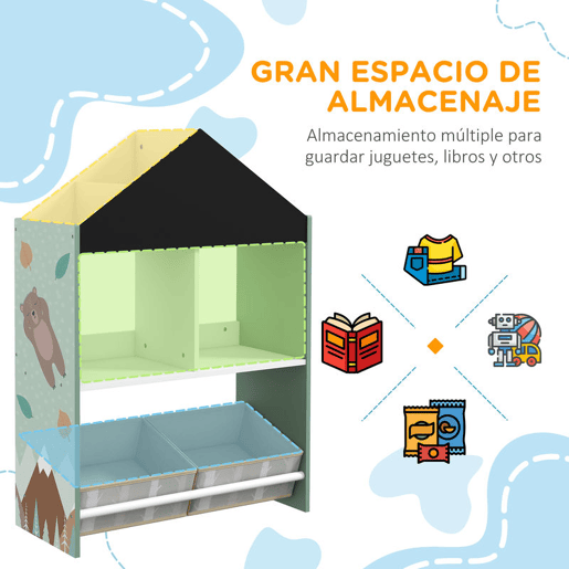 ZONEKIZ Estante para Brinquedos Organizador Infantil com Prateleiras Abertas e 2 Caixas de Tecido não Tecido Amovíveis para Sala de Jogos Dormitório Escola Infantil 62,4x26,5x90 cm Verde