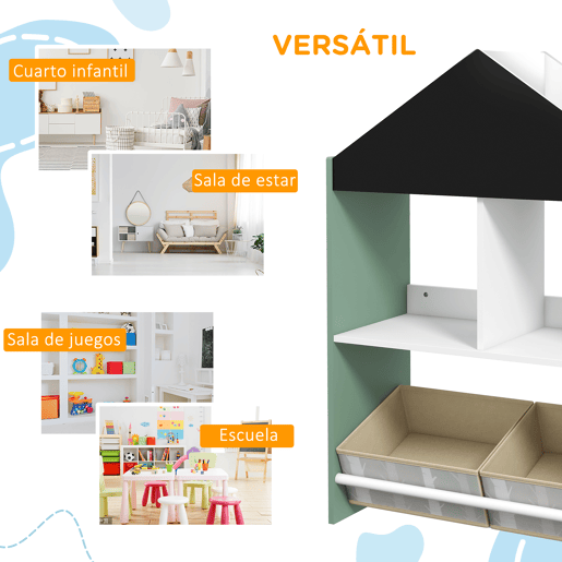 ZONEKIZ Estante para Brinquedos Organizador Infantil com Prateleiras Abertas e 2 Caixas de Tecido não Tecido Amovíveis para Sala de Jogos Dormitório Escola Infantil 62,4x26,5x90 cm Verde
