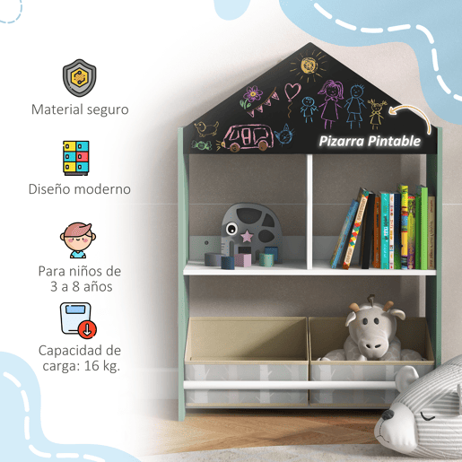 ZONEKIZ Estante para Brinquedos Organizador Infantil com Prateleiras Abertas e 2 Caixas de Tecido não Tecido Amovíveis para Sala de Jogos Dormitório Escola Infantil 62,4x26,5x90 cm Verde