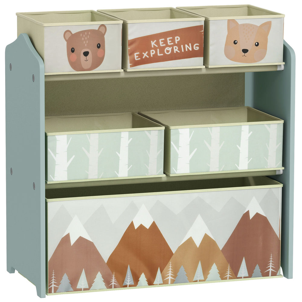 Zonekiz estantería infantil para juguetes con 6 cajas de tela no tejida extraíbles organizador juguetes para niños de 3-8 años para dormitorio guardería 63x30x66 cm verde