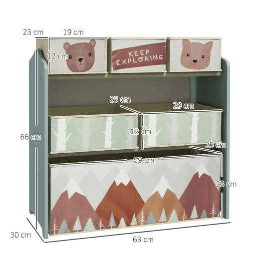 ZONEKIZ Estante para Brinquedos com 6 Caixas de Tecido não Tecido Amovíveis Organizador de Brinquedos para Crianças de 3-8 Anos para Dormitório 63x30x66 cm Verde
