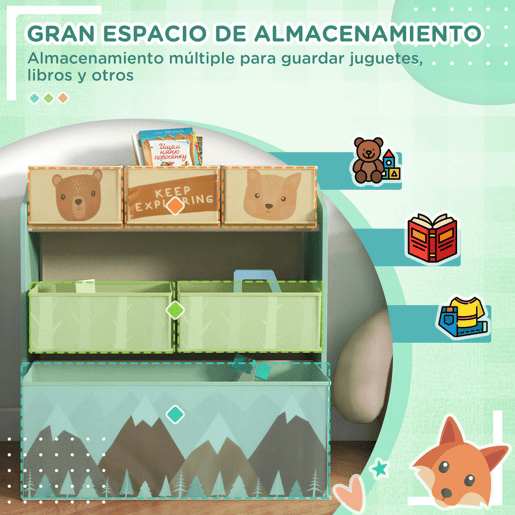 ZONEKIZ Estante para Brinquedos com 6 Caixas de Tecido não Tecido Amovíveis Organizador de Brinquedos para Crianças de 3-8 Anos para Dormitório 63x30x66 cm Verde