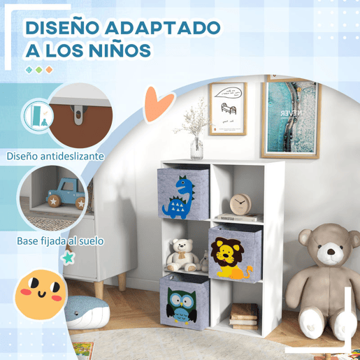ZONEKIZ Estante para Brinquedos Estante para Crianças acima de 3 Anos com 6 Compartimentos de Armazenamento e 3 Caixas de Tecido não Tecido com Desenho de Animais 61,8x29,9x91,5 cm Branco e Cinza