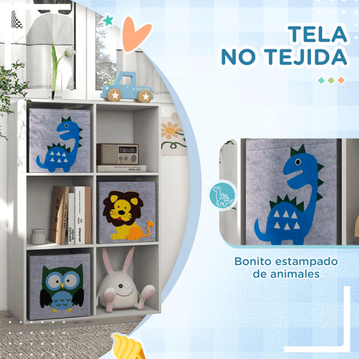 ZONEKIZ Estante para Brinquedos Estante para Crianças acima de 3 Anos com 6 Compartimentos de Armazenamento e 3 Caixas de Tecido não Tecido com Desenho de Animais 61,8x29,9x91,5 cm Branco e Cinza