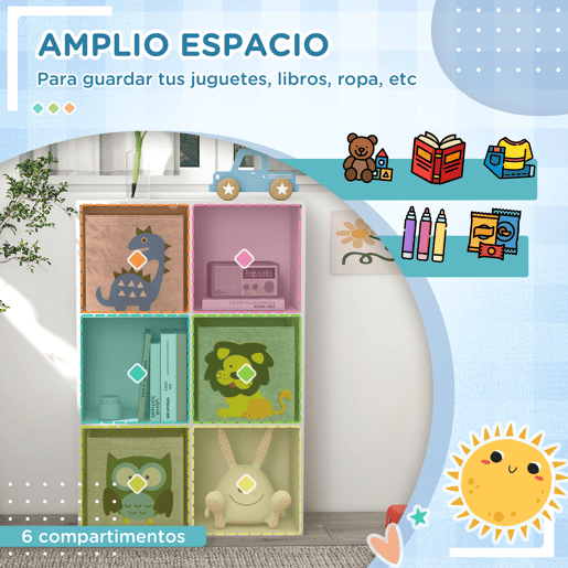 ZONEKIZ Estante para Brinquedos Estante para Crianças acima de 3 Anos com 6 Compartimentos de Armazenamento e 3 Caixas de Tecido não Tecido com Desenho de Animais 61,8x29,9x91,5 cm Branco e Cinza
